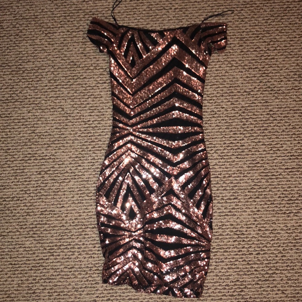 Off the shoulder Blush pink sparkle black dress